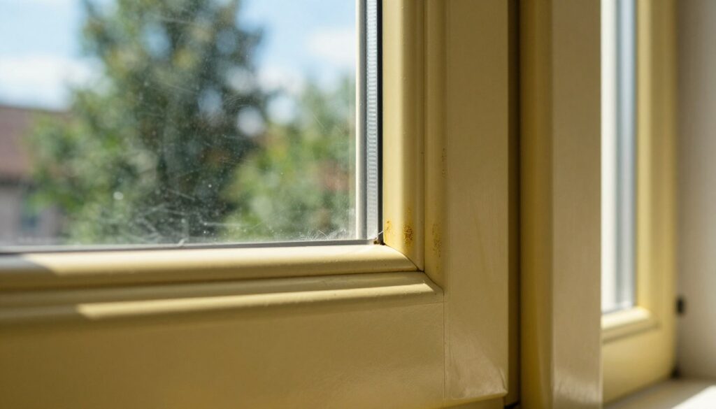 A close-up view of yellowed PVC window frames, showcasing distinct discoloration and marks caused by environmental factors. The foreground features a detailed focus on the frames, revealing textures and patterns of wear. In the middle ground, sunlight filters through the window, casting soft shadows that emphasize the aging surface. The background displays a blurred exterior scene, hinting at lush green trees and a clear blue sky, adding contrast to the yellowing frames. The overall atmosphere is one of inquiry and observation, highlighting the common causes of window frame discoloration in Poland's climate. The lighting is natural, with a soft focus to create a calming, investigative mood, capturing the essence of home maintenance and care. A close-up view of yellowed PVC window frames, showcasing distinct discoloration and marks caused by environmental factors. The foreground features a detailed focus on the frames, revealing textures and patterns of wear. In the middle ground, sunlight filters through the window, casting soft shadows that emphasize the aging surface. The background displays a blurred exterior scene, hinting at lush green trees and a clear blue sky, adding contrast to the yellowing frames. The overall atmosphere is one of inquiry and observation, highlighting the common causes of window frame discoloration in Poland's climate. The lighting is natural, with a soft focus to create a calming, investigative mood, capturing the essence of home maintenance and care.