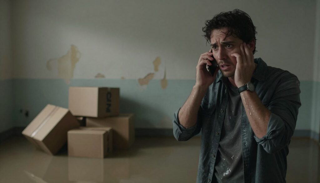 A concerned homeowner standing in a dimly lit, water-damaged basement, panicking over a recent flooding incident. In the foreground, the person's expression reflects urgency and worry, wearing a soaked shirt and holding a phone, ready to call for help. In the middle ground, piles of soggy boxes and water pooling on the floor, showcasing the damage. In the background, a drenched wall with peeling paint, emphasizing the severity of the flooding issue. Soft, gloomy lighting enhances the atmosphere, evoking concern and desperation. The overall composition should convey a sense of immediate need for assistance while maintaining a professional look, free of text or additional distractions. A concerned homeowner standing in a dimly lit, water-damaged basement, panicking over a recent flooding incident. In the foreground, the person's expression reflects urgency and worry, wearing a soaked shirt and holding a phone, ready to call for help. In the middle ground, piles of soggy boxes and water pooling on the floor, showcasing the damage. In the background, a drenched wall with peeling paint, emphasizing the severity of the flooding issue. Soft, gloomy lighting enhances the atmosphere, evoking concern and desperation. The overall composition should convey a sense of immediate need for assistance while maintaining a professional look, free of text or additional distractions.