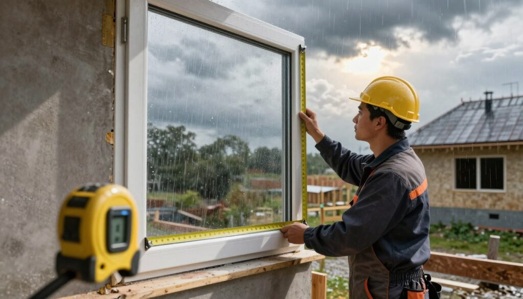A construction worker in professional attire is carefully measuring a large window frame against a backdrop of varying weather conditions, illustrating the challenges of window installation. In the foreground, a digital measuring tape is visible, highlighting precise measurements. The middle ground features the worker holding the window frame while considering factors like wind and rain, depicted through dynamic clouds and raindrops. The background shows a partially constructed house, with the sun breaking through dark clouds, symbolizing the balance between the elements and construction challenges. The scene is illuminated by natural light, casting realistic shadows, and the atmosphere is tense yet focused, embodying the serious nature of window installation under variable weather.