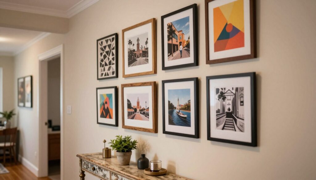 A cozy and inviting hallway with a gallery wall showcasing a variety of framed photos, artworks, and posters, each with a unique design and color palette. In the foreground, focus on an attractive vintage console table adorned with a small potted plant and decorative items. The middle section features a well-arranged assortment of frames in different sizes and styles, including modern geometric patterns and rustic wooden finishes. In the background, soft, warm lighting illuminates the space, highlighting the textures of the walls and the vibrant colors of the art. The angle is slightly elevated, providing a clear view of the gallery wall while offering a glimpse of the adjoining rooms, creating a welcoming atmosphere.