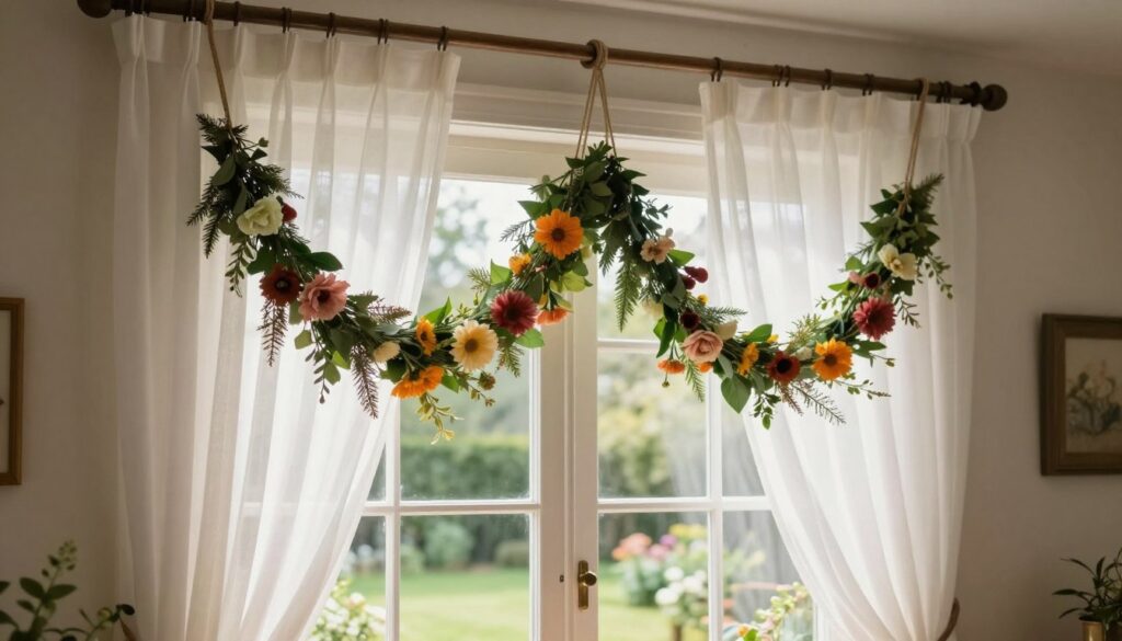 A cozy and inviting interior scene showcasing a beautifully decorated window. In the foreground, a pair of elegant, neatly draped garlands are suspended from a wooden curtain rod, adorned with vibrant flowers and greenery. The middle section features a sunny window with sheer white curtains gently billowing, allowing soft, natural light to filter through, illuminating the colors of the garlands. The background includes a charming view of a garden, enhancing the overall aesthetic. The atmosphere is warm and welcoming, evoking a sense of tranquility and comfort. Use a slight angle to capture the depth of the scene, emphasizing the harmonious arrangement of the garlands while maintaining focus on the overall composition.
