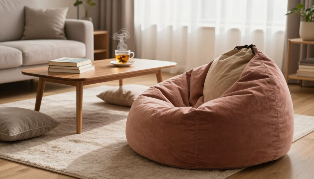 A cozy and spacious living room featuring a large, oversized bean bag that adapts to the contours of the body, promoting relaxation and comfort. In the foreground, the plush, colorful bean bag is inviting and soft, surrounded by a few neatly arranged cushions. In the middle, a stylish coffee table with a warm wooden finish complements the scene, adorned with a stack of books and a steaming cup of herbal tea. The background shows a soft, ambient light filtering through sheer curtains, casting a gentle glow across the room. The overall atmosphere is tranquil and inviting, perfect for unwinding after a long day. The scene encourages a sense of calm and comfort, ideal for showcasing the cozy lifestyle.