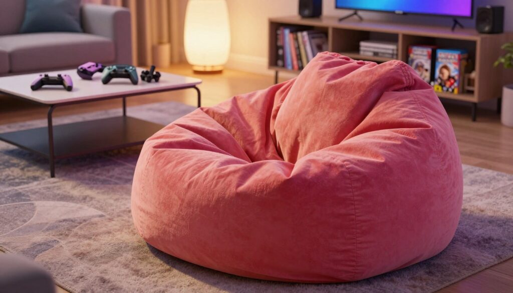 A cozy and stylish living room featuring an enormous, plush bean bag, or "pufa," in bold colors. The foreground showcases the bean bag, invitingly oversized and soft, with a textured fabric that catches the light. In the middle ground, a sleek coffee table and scattered gaming accessories are present, creating a relaxed atmosphere. The background includes a modern shelf filled with books and games, with soft, warm lighting emanating from a floor lamp, casting a soothing glow across the room. The scene captures a youthful vibe suitable for a teenager's room or relaxation zone, with an overall mood of comfort and playfulness. The angle is slightly elevated, providing a clear view of the pufa and its surroundings, inviting viewers to imagine sinking into its embrace.