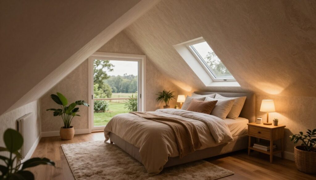 A cozy attic bedroom featuring a unique slanted ceiling, with a stylish bed placed under the slope. The bed should have soft, inviting bedding in warm colors, complemented by decorative pillows. A wooden bedside table with a small lamp casts a warm glow, enhancing the comfortable atmosphere. The walls are adorned with subtle, textured wallpaper, and a plush rug covers the floor. Large windows reveal a scenic outdoor view, allowing natural light to filter in, creating a serene ambiance. Include a few green indoor plants for a touch of freshness. The perspective is slightly elevated, capturing the inviting nook while emphasizing the architectural charm of the attic space. The overall mood is tranquil and homely, perfect for restful sleep.