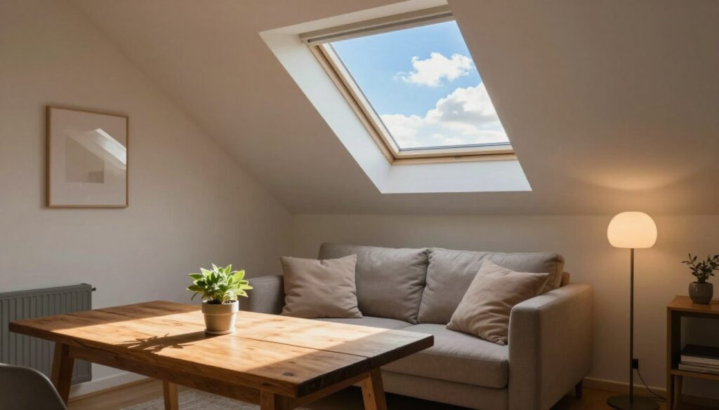 A cozy attic room characterized by slanted roofs, filled with soft natural light. In the foreground, a rustic wooden table with a small potted plant sits in the sunlight. The middle ground features a modern yet comfortable sofa adorned with plush cushions, positioned under a large skylight that allows warm rays to stream through. On the walls, subtle, light-reflective decor enhances the atmosphere, while a stylish floor lamp stands in one corner, casting a gentle glow. In the background, a window reveals a serene blue sky, with a few clouds adding depth. The overall mood is inviting and tranquil, emphasizing how strategic lighting can brighten a unique space.