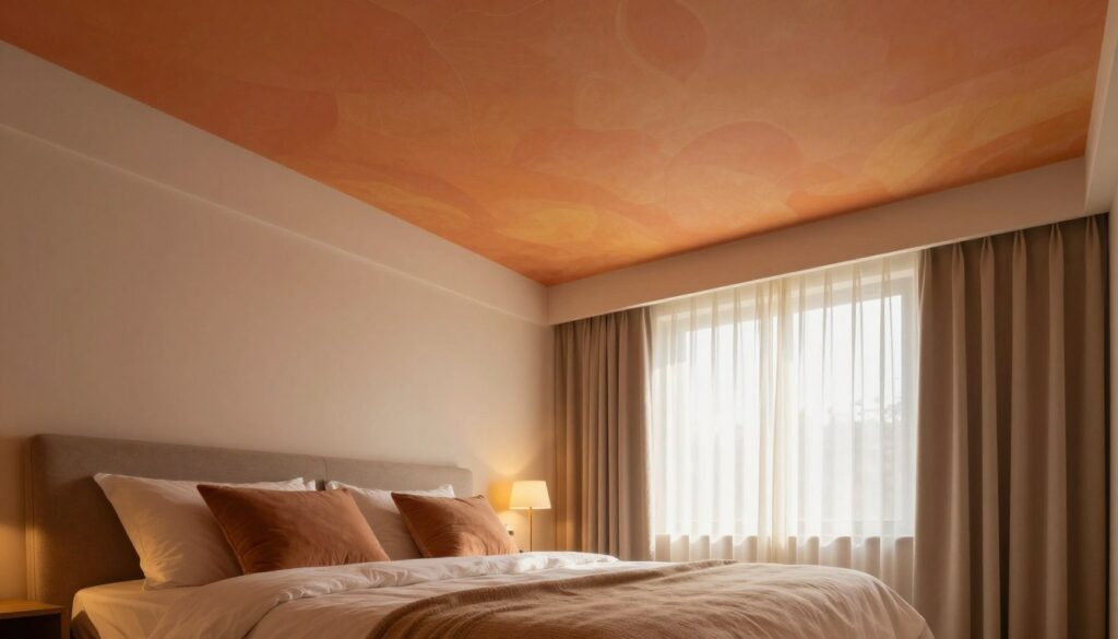 A cozy bedroom interior featuring a ceiling painted in warm, vibrant colors instead of traditional white, creating an inviting atmosphere. The foreground shows a stylish, minimalistic bed adorned with plush pillows and a soft blanket, encouraging relaxation. In the middle ground, the colorful ceiling is decorated with artistic patterns, enhancing the artistic vibe of the room. In the background, elegant curtains softly filter natural light streaming through a window, casting gentle shadows. The scene is illuminated with warm, ambient lighting, adding to the tranquil mood of the space. Capture this bedroom from a slightly angled perspective, showcasing the harmonious blend of color and comfort, perfect for inspiring a personalized and warm atmosphere.