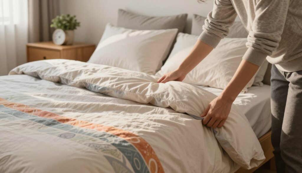 A cozy bedroom scene featuring a neatly made bed with freshly laundered bedding, including a fluffy duvet and vibrant, patterned duvet cover. In the foreground, a person in casual, modest clothing is thoughtfully arranging the duvet, demonstrating an efficient bedding change technique. The middle ground showcases soft pillows piled attractively, along with a nightstand adorned with a small plant and a stylish clock. The background reveals warm, natural light filtering through a window, casting a serene glow across the room. The overall atmosphere conveys a sense of calm and organization, inviting the viewer to consider how simple changes can enhance their bedroom experience. The image should emphasize cleanliness and a welcoming ambiance, with no text or distractions.