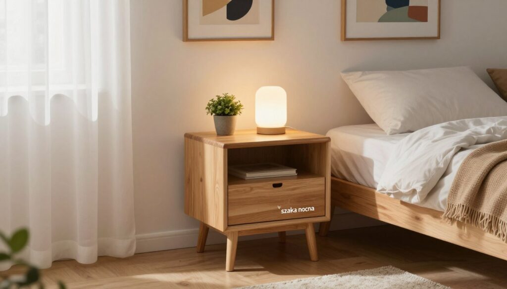 A cozy bedroom scene featuring a stylish "szafka nocna" (nightstand) next to a neatly made bed. The nightstand is made of light wood with a smooth finish, displaying a small potted plant and a soft-glowing lamp on top. On the wall behind is a framed abstract painting, adding a splash of color. The soft, natural light filters in through a sheer curtain, creating a warm and inviting atmosphere. The flooring is wooden, enhancing the room’s charm. A cozy rug lies partially under the bed, harmonizing with the overall aesthetic. The angle of the shot is slightly above the nightstand, capturing both the furniture and the dreamy ambiance of the room. The mood is serene and functional, ideal for illustrating the importance of nightstands in small living spaces.