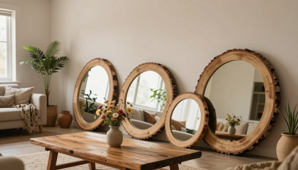 A cozy interior scene showcasing a beautifully arranged space featuring mirrors framed in natural wood slices. In the foreground, a rustic wooden coffee table holds a small vase with wildflowers, complementing the earthy tones. In the middle, several large round mirrors, crafted from cross-sections of wood, reflect soft natural light coming from a nearby window, enhancing the warm atmosphere. The background reveals a softly lit living room with neutral-colored walls, potted green plants, and bohemian textiles adorning a plush, inviting sofa. The overall mood is serene and welcoming, evoking a blend of rustic and boho styles. The lighting is warm and inviting, captured from a slight angle to emphasize the decor. A cozy interior scene showcasing a beautifully arranged space featuring mirrors framed in natural wood slices. In the foreground, a rustic wooden coffee table holds a small vase with wildflowers, complementing the earthy tones. In the middle, several large round mirrors, crafted from cross-sections of wood, reflect soft natural light coming from a nearby window, enhancing the warm atmosphere. The background reveals a softly lit living room with neutral-colored walls, potted green plants, and bohemian textiles adorning a plush, inviting sofa. The overall mood is serene and welcoming, evoking a blend of rustic and boho styles. The lighting is warm and inviting, captured from a slight angle to emphasize the decor.