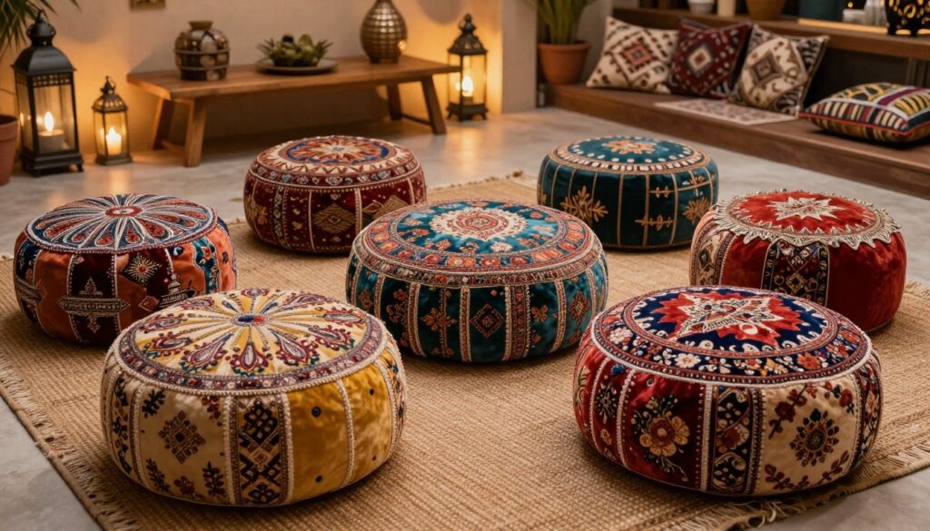 A cozy interior scene showcasing a collection of oriental poufs made from diverse, rich fabrics, such as velvets and intricate brocades. In the foreground, several poufs with vibrant colors and patterns, including paisleys and floral designs, sit invitingly on a textured, woven rug. The middle ground reveals a tastefully decorated room with warm, ambient lighting that casts soft shadows, enhancing the luxurious feel of the materials. In the background, a low wooden table with decorative items like lanterns and cushions adds to the exotic atmosphere. The image is taken with a wide-angle lens to create a spacious feel, capturing the essence of comfort and durability, emphasizing the unique textures and craftsmanship of the poufs. The overall mood is relaxing and inviting, ideal for an exotic interior design theme.
