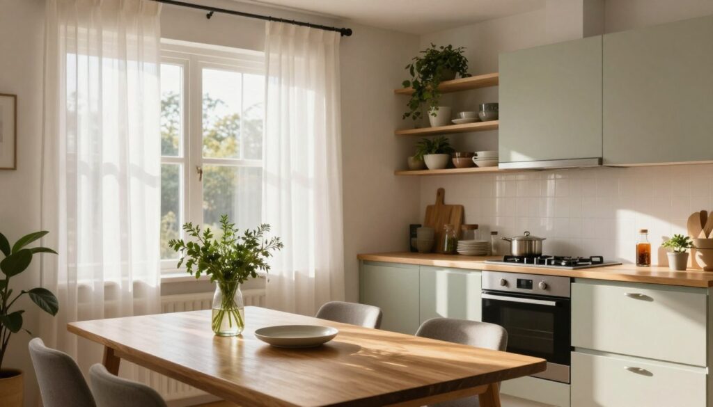 A cozy kitchen interior featuring a window bathed in natural sunlight. In the foreground, a stylish kitchen table with a vase of fresh herbs and minimalist tableware. The middle ground showcases a window with sheer white curtains that softly diffuse sunlight, illuminating the room. The background displays contemporary cabinetry in soft pastel colors, complemented by open shelving displaying dishware and plants. The scene is enhanced by warm, inviting tones, creating a sense of space and tranquility. The lighting highlights the textures of wooden surfaces and the smooth finish of modern appliances, reflecting an atmosphere of warmth and practicality in a small kitchen. Capture this as if taken with a wide-angle lens, emphasizing both the light and functional design.
