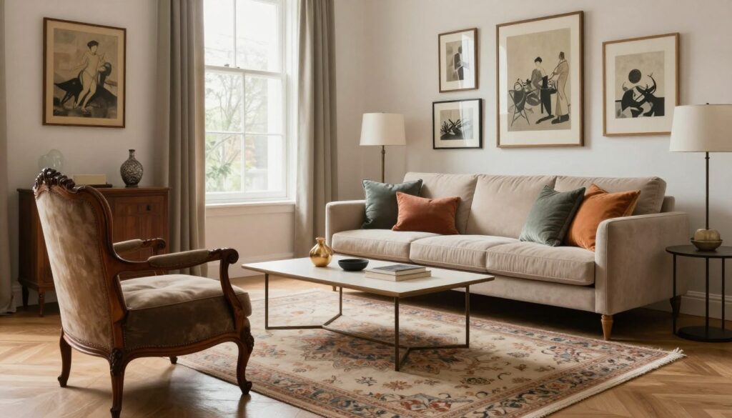 A cozy living room showcasing a harmonious blend of antique and modern furniture. In the foreground, a beautifully crafted, ornate wooden armchair sits beside a sleek, minimalist coffee table. The middle ground features a plush, contemporary sofa adorned with colorful throw pillows, complementing an antique rug underneath. In the background, a stylish gallery wall displays a mix of vintage and modern art pieces. Soft, natural light flows through large windows, creating a warm and inviting atmosphere. The scene captures a balanced aesthetic, illustrating how the elegance of antiques can coexist with the clean lines of modern design. The overall mood is sophisticated and welcoming, perfect for a refined interior space.