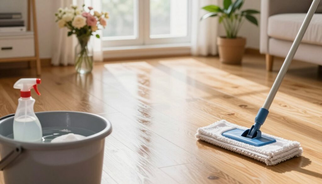 A cozy, well-lit home interior scene showcasing various household cleaning tools and materials for cleaning floors without streaks. In the foreground, a bucket filled with water and natural cleaning solutions like vinegar and baking soda is visible. A soft mop lies next to it, ready for use. In the middle ground, gleaming wooden panel flooring reflects the light, demonstrating its pristine state. A vase of flowers and a potted plant add a touch of warmth and liveliness to the atmosphere. The background features a sunny window, casting a gentle glow onto the floor, enhancing a fresh and inviting mood. The image should capture the essence of effective, home-based cleaning methods, emphasizing simplicity and effectiveness. A cozy, well-lit home interior scene showcasing various household cleaning tools and materials for cleaning floors without streaks. In the foreground, a bucket filled with water and natural cleaning solutions like vinegar and baking soda is visible. A soft mop lies next to it, ready for use. In the middle ground, gleaming wooden panel flooring reflects the light, demonstrating its pristine state. A vase of flowers and a potted plant add a touch of warmth and liveliness to the atmosphere. The background features a sunny window, casting a gentle glow onto the floor, enhancing a fresh and inviting mood. The image should capture the essence of effective, home-based cleaning methods, emphasizing simplicity and effectiveness.