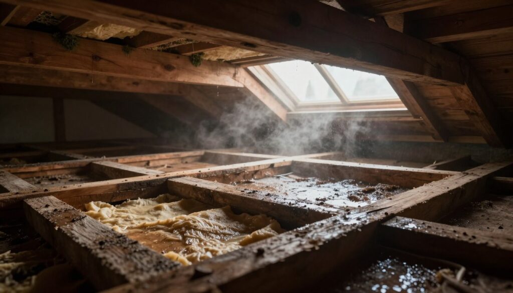 A damp attic space with visible moisture accumulation on wooden beams, illustrating the concept of condensation. In the foreground, textures of old timber and a slightly discolored insulation material are featured, emphasizing the effects of humidity. The middle ground shows the interaction of warm air with cooler surfaces, highlighting areas where condensation forms. The background reveals a roof structure with soft natural light filtering in through small, dusty windows, casting a subdued glow on the scene. Incorporate subtle signs of mold on the ceiling, indicating the need for moisture management. The overall atmosphere should feel slightly melancholic, evoking concern for building insulation and air quality. The lighting is soft and diffuse, creating a realistic, slightly eerie mood without any people or distracting elements.