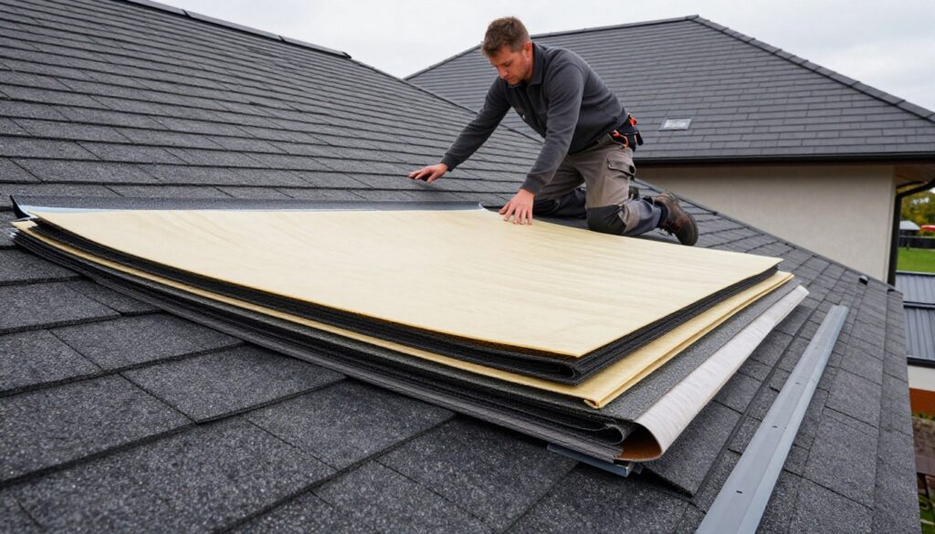 A detailed architectural depiction of a "pod gont bitumiczny" roof structure. In the foreground, showcase various layers beneath the bituminous shingles, including a durable underlayment membrane and reinforced felt paper, illustrating their textures and colors. The middle ground features an expert working carefully on the roof, dressed in professional work attire, examining the layering system. In the background, display a partial view of a stylish home with the completed bituminous shingle roof. The scene is bathed in natural daylight, creating soft shadows, and emphasizes the quality and durability of the materials used. The angle of the shot should be slightly elevated to capture the complexity of the layered structure while maintaining a clear view of the entire assembly. The mood is professional and informative.