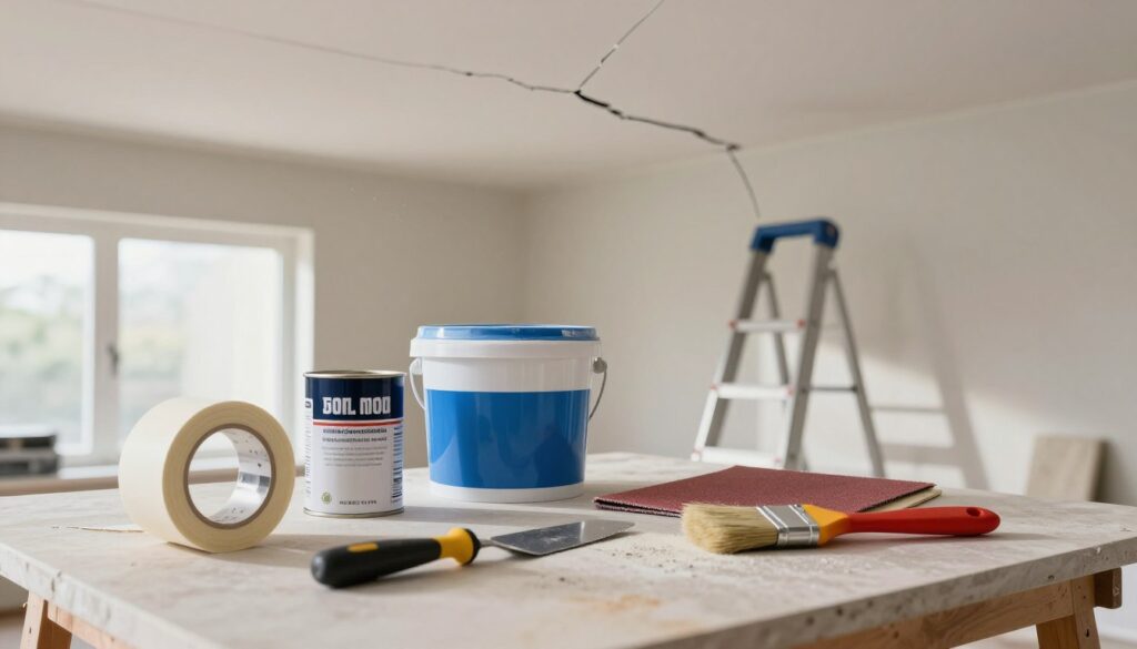 A detailed arrangement of materials and tools for repairing cracks in a suspended ceiling, placed on a clean workbench. In the foreground, include a roll of drywall tape, a can of joint compound, a putty knife, sandpaper, and a paintbrush. In the middle ground, showcase a bucket of paint and a step ladder leaning against the wall, which has a visible crack in the suspended ceiling above. In the background, soft natural light filters in through a window, creating a calm, focused atmosphere. Add a few scattered dust particles in the sunlight. The entire scene should convey a sense of professionalism and readiness for a DIY repair task, emphasizing organization and clarity in the tools and materials displayed. A detailed arrangement of materials and tools for repairing cracks in a suspended ceiling, placed on a clean workbench. In the foreground, include a roll of drywall tape, a can of joint compound, a putty knife, sandpaper, and a paintbrush. In the middle ground, showcase a bucket of paint and a step ladder leaning against the wall, which has a visible crack in the suspended ceiling above. In the background, soft natural light filters in through a window, creating a calm, focused atmosphere. Add a few scattered dust particles in the sunlight. The entire scene should convey a sense of professionalism and readiness for a DIY repair task, emphasizing organization and clarity in the tools and materials displayed.