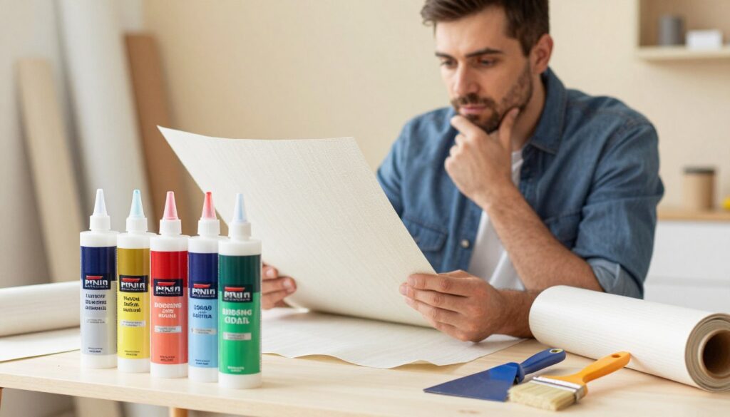 A detailed close-up of a professional interior decorator choosing adhesive for fiberglass wallpaper, positioned in a well-lit home improvement workspace. In the foreground, focus on a variety of adhesive options displayed on a clean worktable, showcasing different containers and labels for bonding agents. The middle ground features the decorator, a male in casual yet professional clothing, inspecting the adhesives with a thoughtful expression. Background elements include partially rolled fiberglass wallpaper and tools like a brush and spatula, emphasizing the preparation process. The room is bright, with warm lighting that creates an inviting atmosphere, and is arranged neatly, reflecting a methodical approach to home improvement.