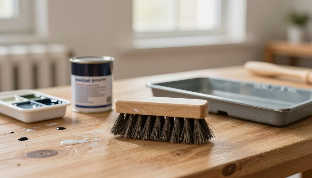 A detailed, close-up view of a radiator brush, known as a "pędzel kaloryferowy," resting on a wooden workbench. The brush features long bristles, designed for reaching intricate areas of a radiator. In the foreground, the bristles are prominently displayed, showing their wear from previous use. In the middle background, a small can of radiator paint and a paint tray are arranged beside the brush, with a few drops of paint spilling over the tray's edge. The background shows a softly blurred interior space with a brightly lit window, casting warm natural light and creating a cozy atmosphere. The image should feel inviting and focused on the tools needed for painting radiators, showcasing their importance in the DIY process.