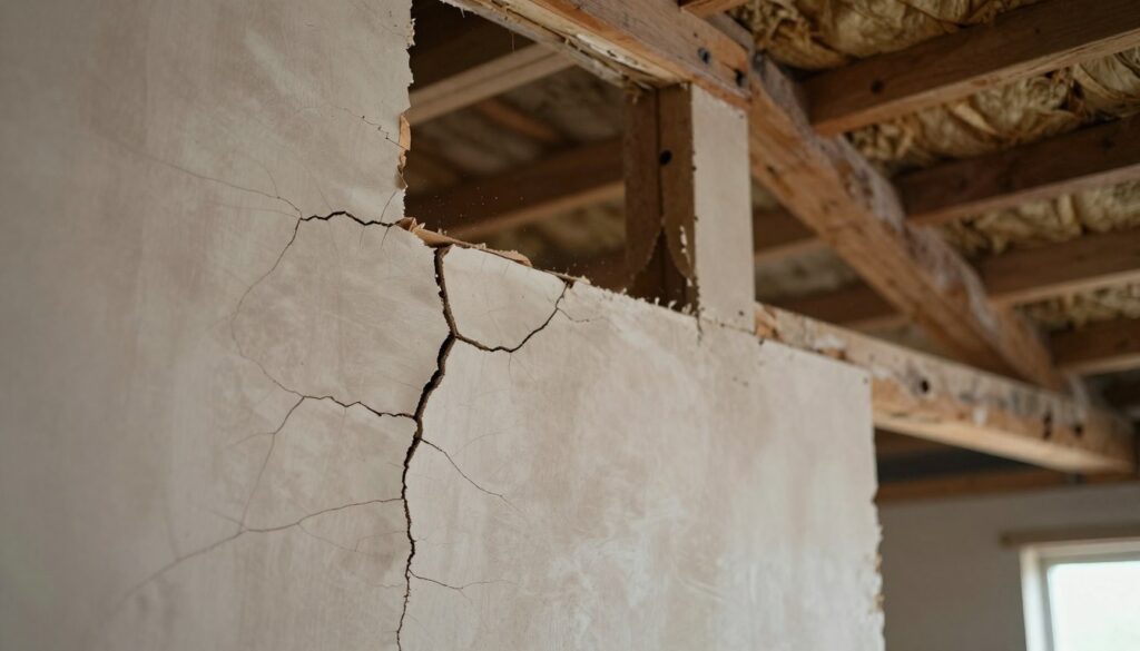 A detailed close-up view of cracked drywall panels in an attic setting, showcasing various sizes of fissures that indicate potential structural issues. The foreground features sharp, well-defined cracks with dust particles visible in the light. The middle section includes exposed wooden beams and insulation, adding context to the attic environment. The background reveals ambient, soft lighting filtering through a small window, creating a slightly moody atmosphere. The image should convey a sense of concern and urgency regarding the condition of the drywall. Focus on realism, showcasing texture and detail in the cracks, illustrating the deterioration with clarity and precision.