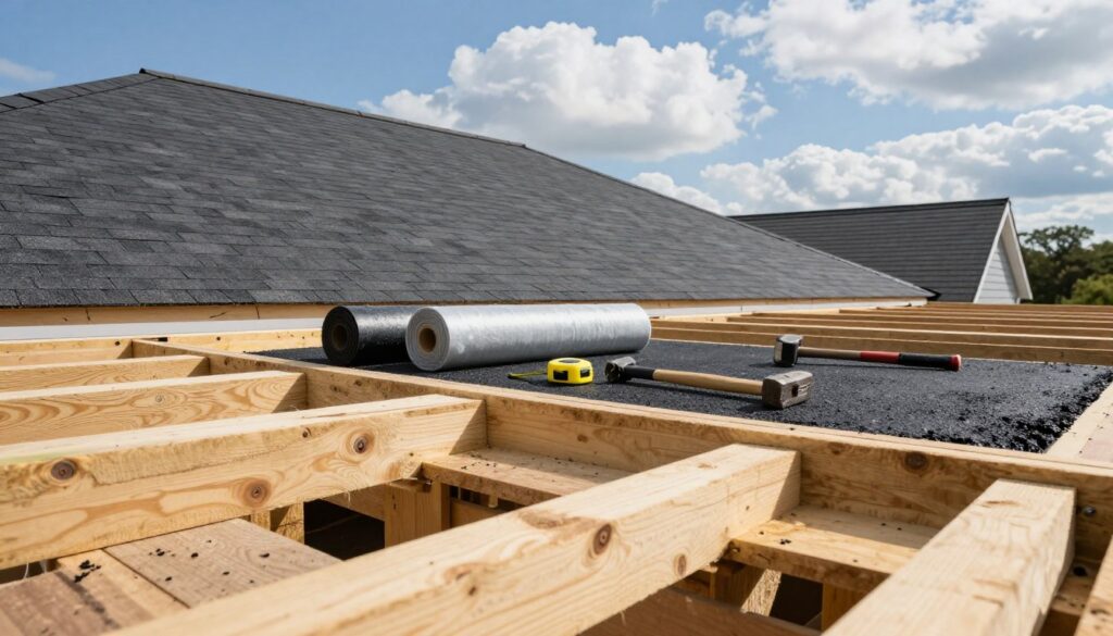 A detailed construction scene showcasing a roof deck preparation for asphalt shingles. In the foreground, sturdy wooden sheathing panels are being installed, highlighting the precision of the craftsmanship. In the middle ground, a few rolls of asphalt underlayment are neatly arranged, along with various tools like a hammer and measuring tape. The background features a sloped house roof framed against a bright blue sky, with fluffy white clouds, creating an inviting atmosphere. The lighting is natural, casting soft shadows to emphasize the textures of the wood and shingles. The angle captures the process from a low perspective, adding depth and focus to the layers involved in creating a durable and dry roofing structure. The overall mood is professional and industrious, illustrating the importance of proper preparation for a lasting roof.