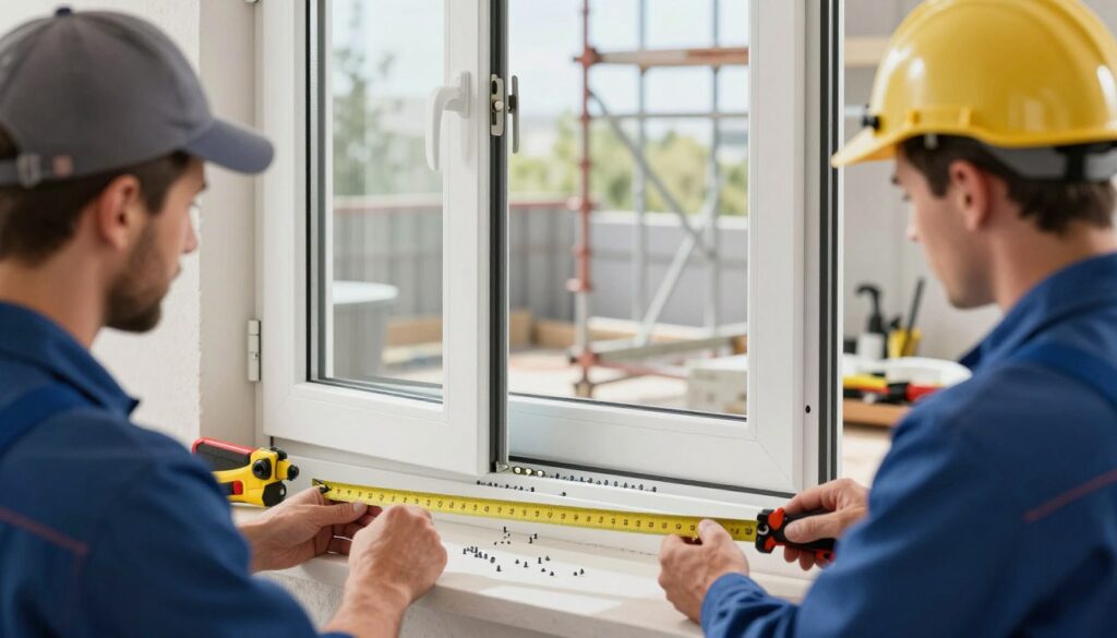 A detailed illustration depicting the technical differences between window installation methods using anchors and dowels. In the foreground, a well-lit scene showcasing a professional installer wearing safety gear, carefully measuring window frames with technical tools. The middle section features two side-by-side views of a window being secured by anchors on one side and dowels on the other, highlighting their unique features and the installation process. Background elements include a construction site with scaffolding and tools, bathed in natural daylight that creates a clear, focused atmosphere. Emphasize a harmonious color palette with blues and grays, reflecting a professional, technical environment, ensuring no text or logos are present.