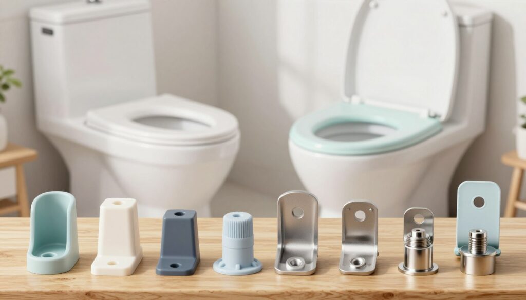 A detailed illustration showcasing various types of toilet seat mounting systems, emphasizing universal fittings. In the foreground, display a set of different mounting brackets made of durable materials, such as plastic and stainless steel, arranged neatly on a wooden surface. In the middle ground, illustrate a standard toilet and a toilet seat in light pastel colors, positioned to show how the seats attach to different types of mounts. The background should feature a softly blurred bathroom setting with modern fixtures, natural light illuminating the scene for a clean and organized feel. Capture the essence of practicality and user-friendliness, reflecting a mood of simplicity and ease. Ensure the composition is well-balanced, with a focus on the mounting details and their compatibility.