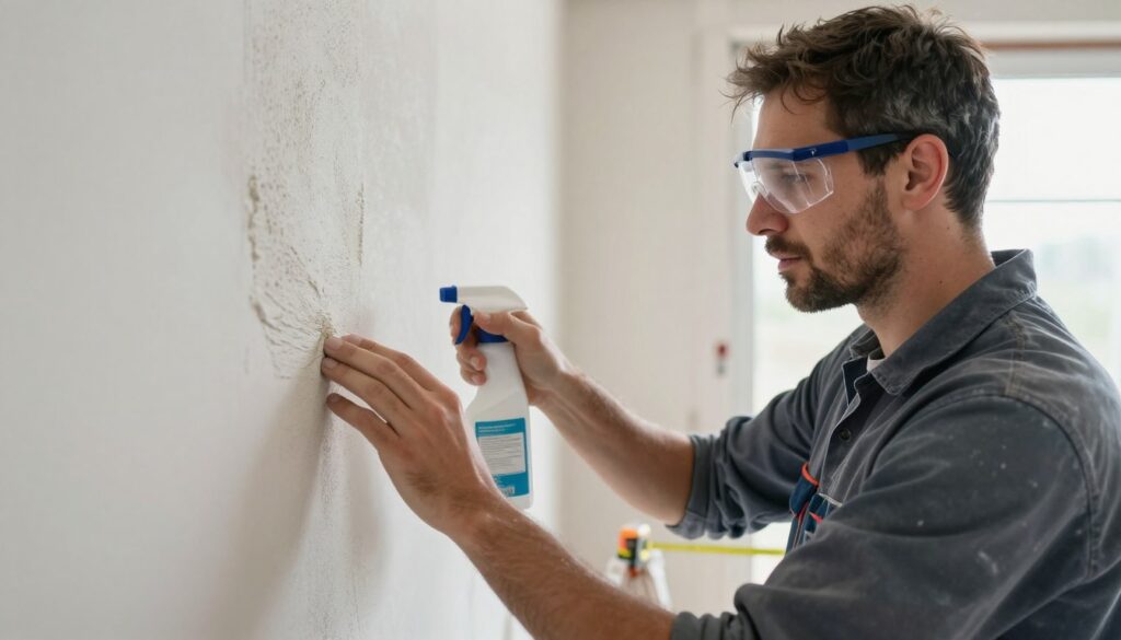 A detailed scene showcasing the evaluation process of gypsum plaster before applying the finishing coat. In the foreground, a well-dressed professional, wearing safety glasses and protective gear, is inspecting a textured wall surface, closely examining the adhesion. In the middle ground, there are tools such as a spray bottle of primer and a measuring tape, ready for use, emphasizing the assessment and preparation process. The background features a softly lit room, highlighting a blank wall that symbolizes readiness for enhancement. Natural light floods through a window, creating a bright atmosphere that conveys a mood of preparation and professionalism. Capture this in a realistic style, focusing on textures and the ambience of a construction site.