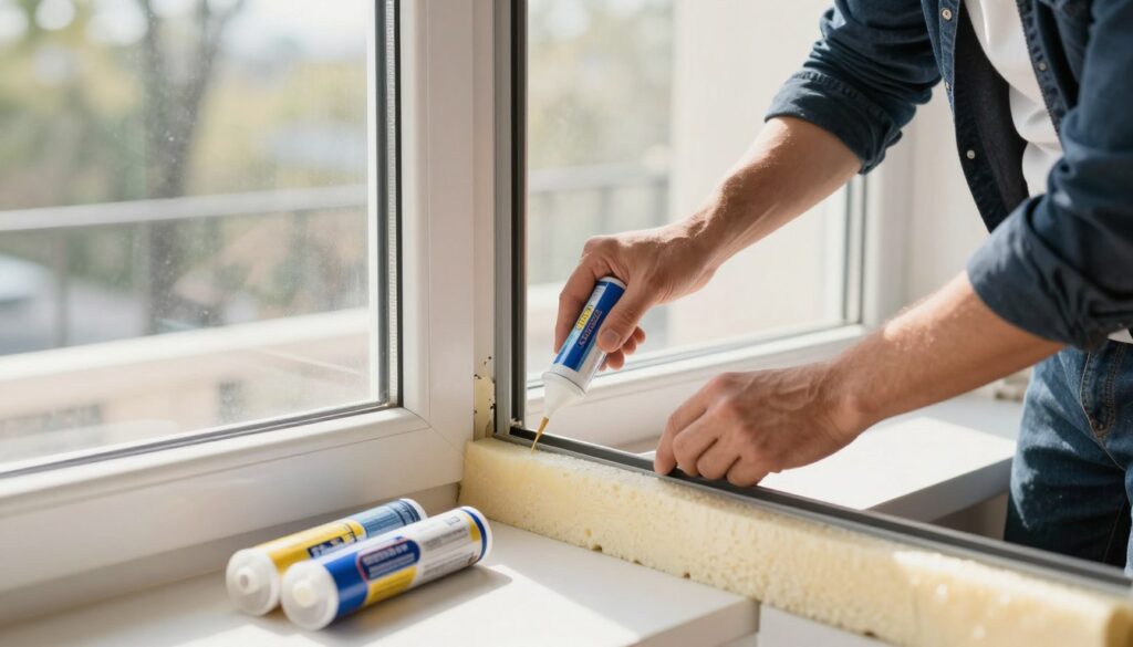 A detailed, step-by-step illustration of a professional at a window, demonstrating effective methods to eliminate thermal bridges. In the foreground, the individual, dressed in smart casual attire, is applying a weatherproof sealant along the window frame. The mid-ground features insulation materials like foam and caulk tubes neatly arranged for easy access. In the background, a bright, well-lit room shows natural sunlight streaming through the window, creating a warm, inviting atmosphere. The focus is on the technique of sealing gaps, highlighting texture and detail in the insulating materials. A soft depth of field blurs the background slightly, emphasizing the action at the forefront while keeping the overall image clear and informative. A detailed, step-by-step illustration of a professional at a window, demonstrating effective methods to eliminate thermal bridges. In the foreground, the individual, dressed in smart casual attire, is applying a weatherproof sealant along the window frame. The mid-ground features insulation materials like foam and caulk tubes neatly arranged for easy access. In the background, a bright, well-lit room shows natural sunlight streaming through the window, creating a warm, inviting atmosphere. The focus is on the technique of sealing gaps, highlighting texture and detail in the insulating materials. A soft depth of field blurs the background slightly, emphasizing the action at the forefront while keeping the overall image clear and informative.