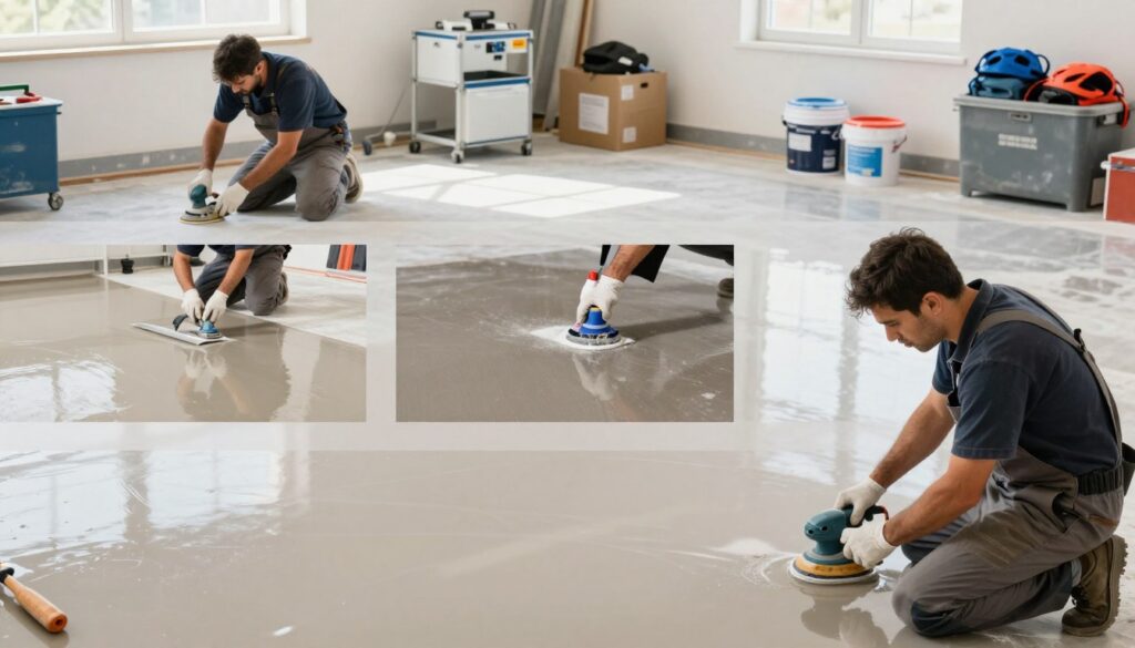 A detailed step-by-step illustration of preparing a surface for epoxy resin application. In the foreground, a skilled worker wearing professional attire is shown kneeling on a well-prepared floor, using tools like a trowel and a sanding machine. The middle section features various stages of preparation, illustrating smooth leveling, dust removal, and cleaning with solvents, all shown in a clear, organized sequence. The background depicts a workshop environment, with equipment, epoxy resin containers, and safety gear neatly arranged. Natural light pours in from a window, creating a bright and focused atmosphere. The scene conveys professionalism, precision, and the importance of meticulous preparation, emphasizing the foundational role of underfloor work for a durable, even epoxy surface. A detailed step-by-step illustration of preparing a surface for epoxy resin application. In the foreground, a skilled worker wearing professional attire is shown kneeling on a well-prepared floor, using tools like a trowel and a sanding machine. The middle section features various stages of preparation, illustrating smooth leveling, dust removal, and cleaning with solvents, all shown in a clear, organized sequence. The background depicts a workshop environment, with equipment, epoxy resin containers, and safety gear neatly arranged. Natural light pours in from a window, creating a bright and focused atmosphere. The scene conveys professionalism, precision, and the importance of meticulous preparation, emphasizing the foundational role of underfloor work for a durable, even epoxy surface.