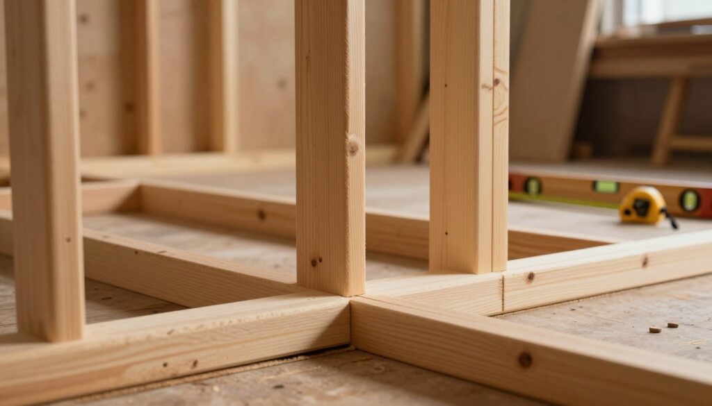 A detailed view of a wooden construction framework, featuring meticulously arranged vertical and horizontal slats that form a stable base for mounting wooden paneling. The foreground showcases the intricate joinery of the slats, highlighting the natural grain of the wood and the precision of the cuts. In the middle ground, there's a partially completed wall, demonstrating how the framework supports the wooden cladding, with tools such as a measuring tape and a level placed nearby. The background is softly blurred, revealing a workshop setting with warm, ambient lighting that creates a cozy yet professional atmosphere. The image captures a sense of craftsmanship and dedication to quality.