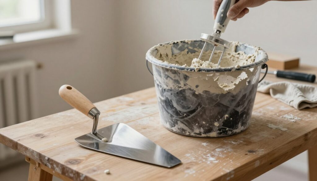 A detailed workspace featuring tools for applying plaster, including a trowel, hawk, and mixing bucket, arranged on a wooden table. In the foreground, a close-up of a stainless steel trowel glinting under warm overhead lighting, showcasing its sharp edge. In the middle ground, a mixing bucket filled with freshly prepared plaster mix, with a hand mixer partially submerged for texture. The background reveals a partial wall with freshly applied plaster, a drop cloth on the floor, and scattered tools indicating a busy environment. Soft natural light filters through a nearby window, creating a calm and focused atmosphere. The scene emphasizes professionalism and readiness for manual plaster application.