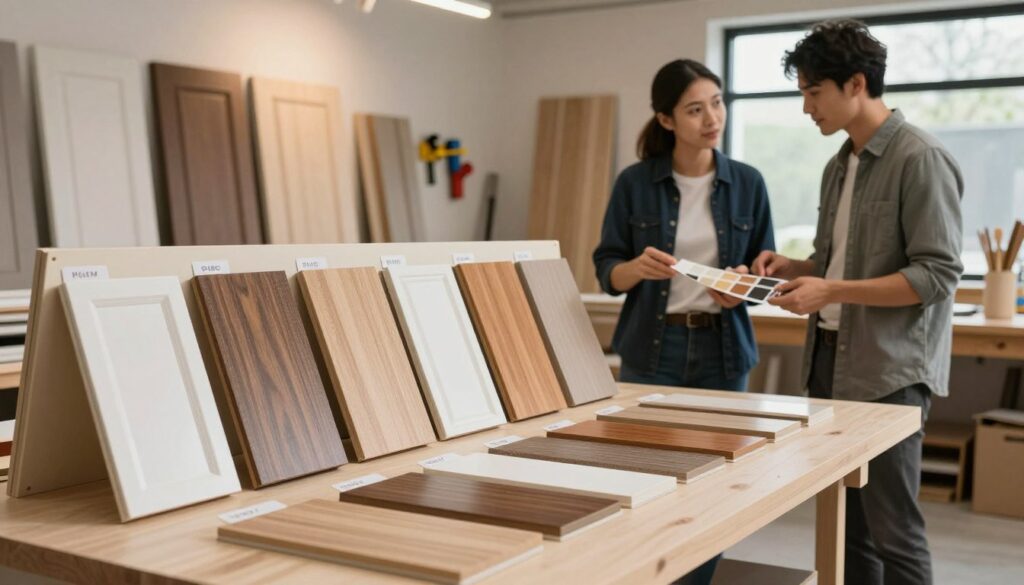 A detailed workspace showcasing a selection of materials for door casing overlays: In the foreground, an elegant display of MDF, PVC, and wooden samples with various finishes, including textured and glossy surfaces. Each sample is labeled clearly but without text. In the middle ground, a professional interior designer, dressed in smart casual attire, is examining the materials, holding a color swatch, and discussing options with a colleague. The background features a well-organized workshop with natural wood textures, ambient lighting, and tools neatly arranged, enhancing a feeling of creativity and professionalism. Warm light filters through a window, creating a welcoming atmosphere conducive to design and decision-making. The overall mood is inspiring and collaborative, reflecting contemporary home improvement trends.