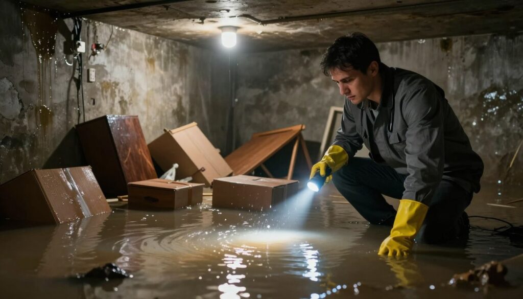 A dimly lit basement flooded with water, showcasing the aftermath of a water leak. In the foreground, a concerned resident in professional attire examines the water damage, while wearing rubber gloves and holding a flashlight. In the middle, waterlogged boxes and furniture are scattered, some partially submerged, illustrating the chaos of unexpected flooding. The background features exposed concrete walls with visible water stains, and a faint glow of overhead lights reflecting on the water's surface, creating an atmosphere of urgency and concern. The angle is slightly low, emphasizing the depth of the water and the overwhelmed space. The overall mood conveys a sense of immediate action and the need for preventive measures against further flooding. A dimly lit basement flooded with water, showcasing the aftermath of a water leak. In the foreground, a concerned resident in professional attire examines the water damage, while wearing rubber gloves and holding a flashlight. In the middle, waterlogged boxes and furniture are scattered, some partially submerged, illustrating the chaos of unexpected flooding. The background features exposed concrete walls with visible water stains, and a faint glow of overhead lights reflecting on the water's surface, creating an atmosphere of urgency and concern. The angle is slightly low, emphasizing the depth of the water and the overwhelmed space. The overall mood conveys a sense of immediate action and the need for preventive measures against further flooding.