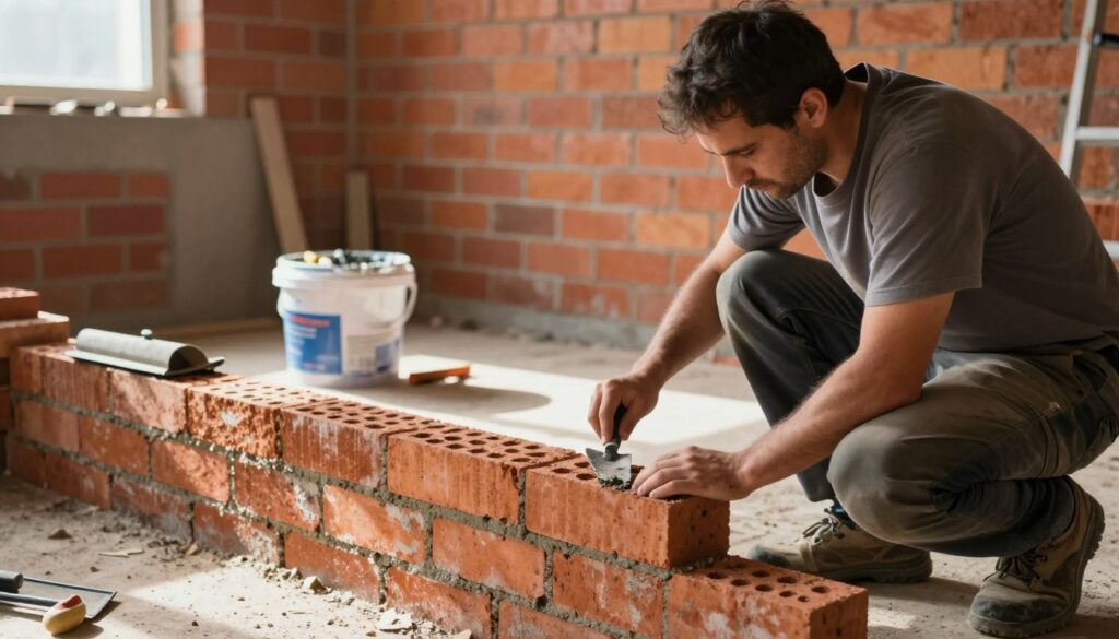 A focused view of a construction site where a professional craftsman prepares a brick wall for grouting. In the foreground, the craftsmen is crouched down, examining the spaces between the bricks, clad in modest work attire, using a trowel to clean away debris. In the middle ground, a variety of tools are scattered, like a grout float and a bucket with grout mix, all well organized. The background features a partially finished brick wall with vibrant red and orange hues. Warm natural light spills in from a nearby window, casting slight shadows for depth. The atmosphere is methodical and industrious, capturing the meticulous nature of surface preparation before grouting. A focused view of a construction site where a professional craftsman prepares a brick wall for grouting. In the foreground, the craftsmen is crouched down, examining the spaces between the bricks, clad in modest work attire, using a trowel to clean away debris. In the middle ground, a variety of tools are scattered, like a grout float and a bucket with grout mix, all well organized. The background features a partially finished brick wall with vibrant red and orange hues. Warm natural light spills in from a nearby window, casting slight shadows for depth. The atmosphere is methodical and industrious, capturing the meticulous nature of surface preparation before grouting.