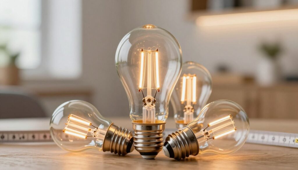 A highly detailed close-up of multiple G45 light bulbs showcasing their dimensions clearly. The foreground features a trio of G45 bulbs, each with a reflective glass surface that captures ambient light, displaying the intricate details of their filaments. The middle ground includes a measuring tape alongside the bulbs, emphasizing their size and highlighting how they fit into different lamp fixtures. The background is softly blurred, suggesting a modern home interior with warm ambient lighting to create a cozy atmosphere. The focus is on the bulbs, with a slight vignette effect to draw the viewer's attention. The scene is well-lit, emulating natural light for a bright and inviting mood. The composition is balanced, showcasing practicality and elegance. A highly detailed close-up of multiple G45 light bulbs showcasing their dimensions clearly. The foreground features a trio of G45 bulbs, each with a reflective glass surface that captures ambient light, displaying the intricate details of their filaments. The middle ground includes a measuring tape alongside the bulbs, emphasizing their size and highlighting how they fit into different lamp fixtures. The background is softly blurred, suggesting a modern home interior with warm ambient lighting to create a cozy atmosphere. The focus is on the bulbs, with a slight vignette effect to draw the viewer's attention. The scene is well-lit, emulating natural light for a bright and inviting mood. The composition is balanced, showcasing practicality and elegance.
