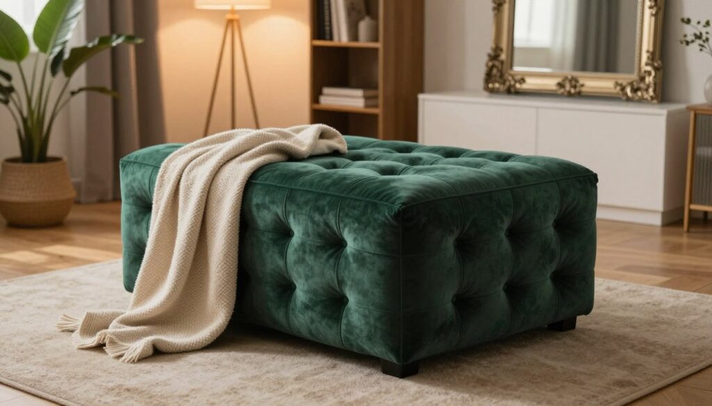 A luxurious Chesterfield pouf positioned elegantly in a stylish interior setting. The pouf is upholstered in rich, dark green velvet with classic tufting, showcasing its sophisticated design. In the foreground, the pouf is accompanied by a soft, textured throw blanket draped casually over one side. The middle ground features a tastefully decorated living room with warm wooden flooring and subtle, ambient lighting emanating from a stylish floor lamp. A cozy atmosphere is created with a neutral color palette and a few decorative plants nearby. The background highlights a small bookshelf and an elegant mirror. Capture the inviting and functional essence of the pouf as a versatile seating option and footrest in a cozy, modern home.