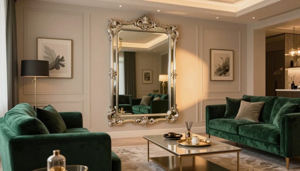 A luxurious living room featuring a glamorous mirror framed with ornate detailing, catching the light beautifully. In the foreground, a plush velvet sofa in deep emerald green complements the elegant ambiance. The middle ground showcases the intricately designed mirror, reflecting soft, warm lighting that enhances the room’s sophistication. A chic coffee table adorned with stylish decor items adds to the elegance. In the background, tastefully selected wall art and warm neutral tones create a cozy yet upscale atmosphere. The setting is illuminated by soft, diffused lighting, reminiscent of a late afternoon glow, giving a sense of serenity and opulence. The overall mood reflects luxury and comfort, ideal for showcasing glamour interior design.