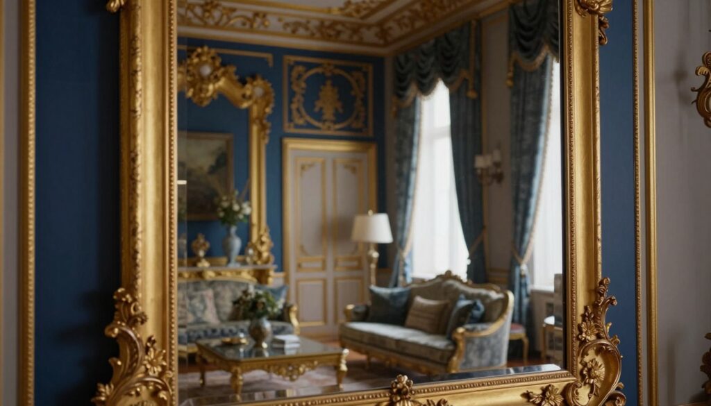 A luxurious palace mirror elegantly mounted on an ornate wall, reflecting a beautifully designed room with opulent décor. In the foreground, the mirror exhibits intricate gold detailing, its frame adorned with floral motifs. The middle ground features an inviting living space with soft, ambient lighting that highlights rich textures of plush fabrics and a sophisticated color palette of deep blues and golds. The background reveals a tastefully decorated wall, showcasing elegant proportions, emphasizing the dimensions and scale of the mirror in relation to the room. The atmosphere is one of opulence and grandeur, with subtle shadows creating depth and a warm glow enhancing the luxurious feel. A luxurious palace mirror elegantly mounted on an ornate wall, reflecting a beautifully designed room with opulent décor. In the foreground, the mirror exhibits intricate gold detailing, its frame adorned with floral motifs. The middle ground features an inviting living space with soft, ambient lighting that highlights rich textures of plush fabrics and a sophisticated color palette of deep blues and golds. The background reveals a tastefully decorated wall, showcasing elegant proportions, emphasizing the dimensions and scale of the mirror in relation to the room. The atmosphere is one of opulence and grandeur, with subtle shadows creating depth and a warm glow enhancing the luxurious feel.
