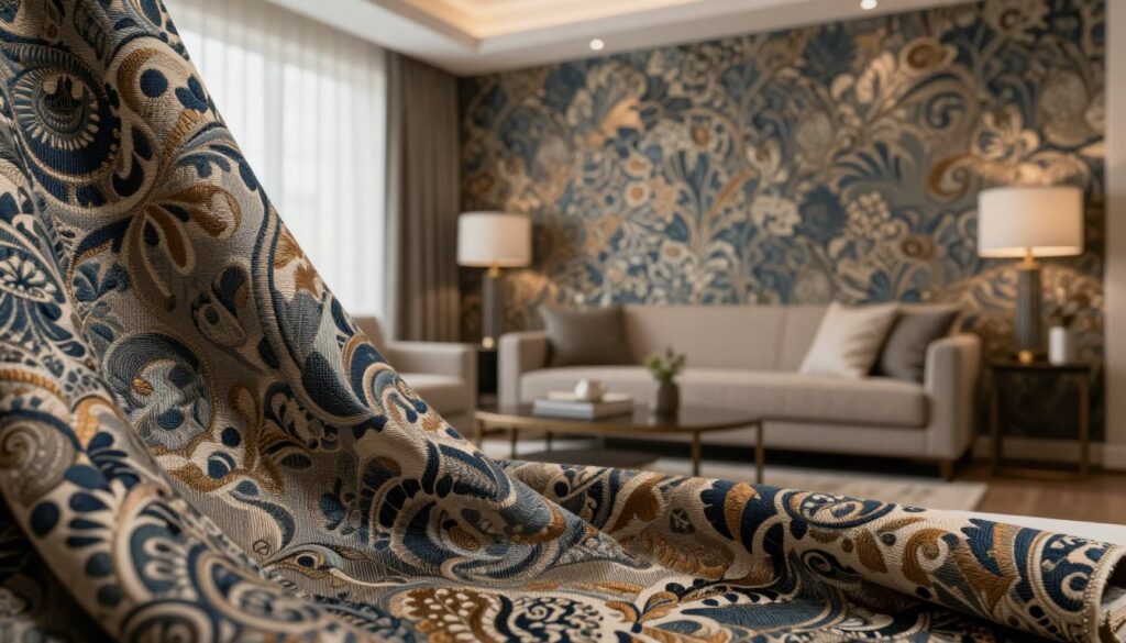 A luxurious textile wallpaper designed for sound absorption, elegantly displayed in a modern interior setting. In the foreground, a close-up reveals the textured fabric with rich, deep colors and intricate patterns, conveying a sense of sophistication. The middle ground features a beautifully decorated living space with the wallpaper adorning the walls, complemented by stylish furniture and soft lighting for a warm ambiance. In the background, a serene atmosphere is created by diffused natural light filtering through sheer curtains, illuminating the room. The overall mood is tranquil and inviting, emphasizing comfort and acoustic effectiveness, ideal for enhancing the home environment.