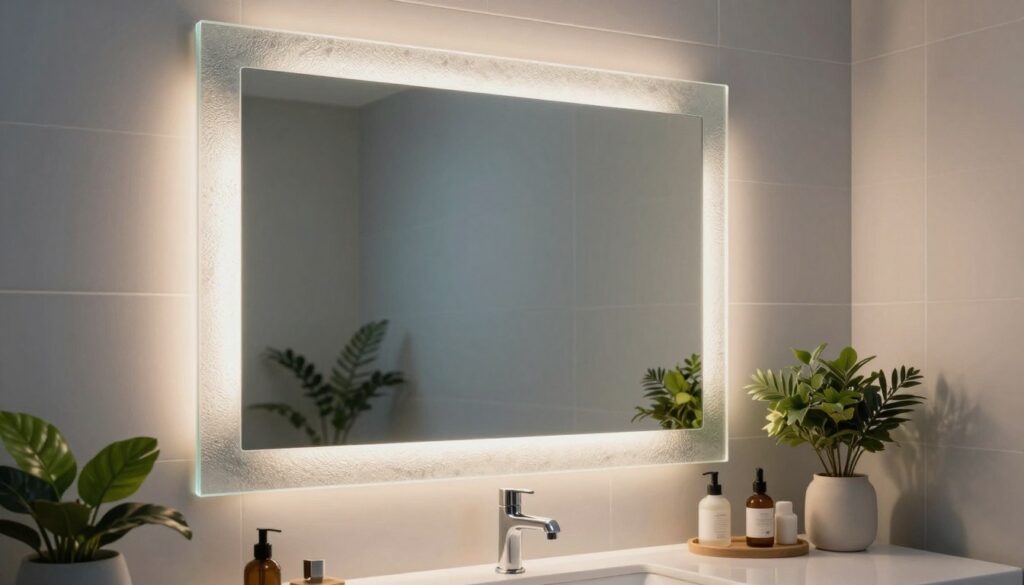 A modern bathroom featuring a beautifully crafted sandblasted mirror, highlighted in the foreground. The mirror has a sleek, frameless design with intricate patterns that catch the light. In the middle ground, a stylish vanity with contemporary fixtures complements the mirror, along with soft decorative elements like lush plants or elegant toiletries. The background showcases softly lit walls with tiles that have a calming color palette, perhaps in soft blues or greys. The scene is illuminated by warm, diffused lighting that creates a serene and inviting atmosphere, emphasizing safety and comfort. Capture this from a slightly angled perspective to enhance depth, ensuring no people are present in the composition. The overall mood evokes a sense of tranquility and modern elegance perfect for any bathroom setting.