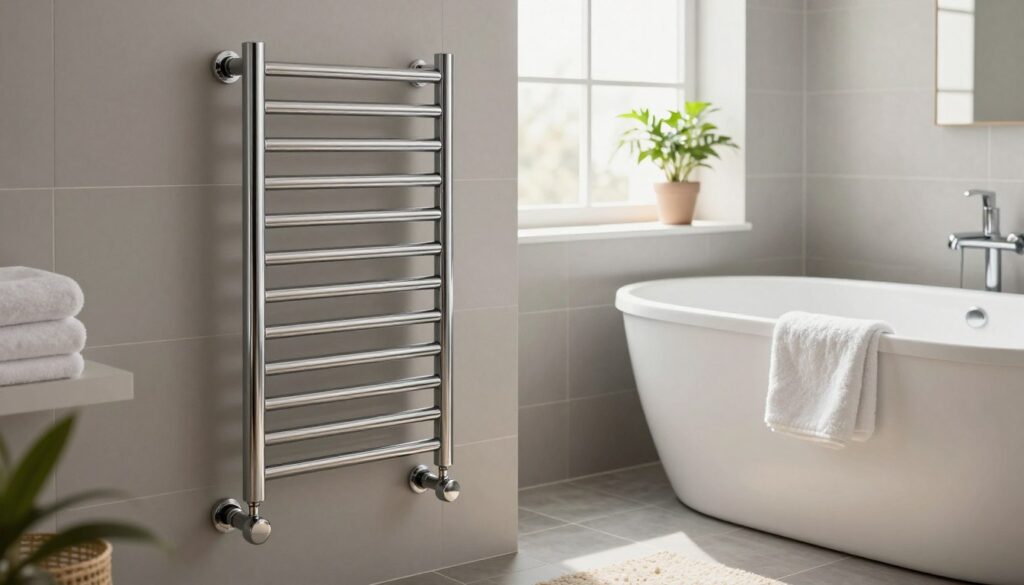 A modern bathroom featuring a sleek, wall-mounted towel radiator, typical of small urban spaces. The grzejnik łazienki is made of polished chrome, reflecting ambient light, and positioned beside a stylish white bathtub adorned with neatly arranged towels. In the middle ground, soft, natural light pours in from a frosted window, creating a warm atmosphere, while potted plants add a touch of greenery. The floor is tiled with elegant gray ceramic, giving a contemporary feel. Captured from a slight angle to highlight the radiator's design and functionality, the image is bright and inviting, emphasizing comfort and practicality for compact living spaces.