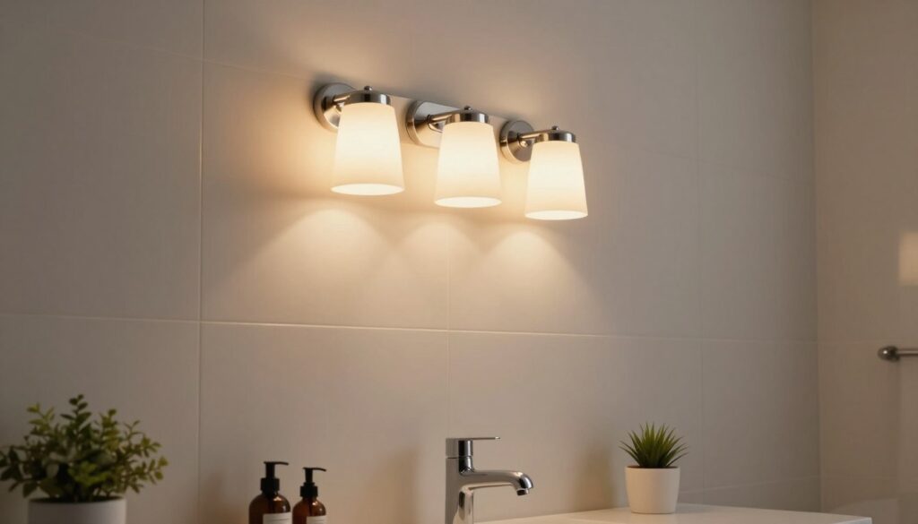 A modern bathroom scene featuring a stylish wall-mounted vanity light positioned above a large mirror. The light fixture has a sleek chrome finish with frosted glass shades, illuminating the area with a warm, soft glow. The foreground includes a minimalist countertop with neatly arranged toiletries and a small potted plant. The middle ground showcases the elegant mirror reflecting the warm light, enhancing the bathroom's spacious feel. In the background, white tiled walls and a soothing color palette create a serene atmosphere. The lighting should be soft and ambient, capturing the essence of tranquility and modern design. The angle should highlight both the light fixture and the mirror, avoiding any human presence in the scene.