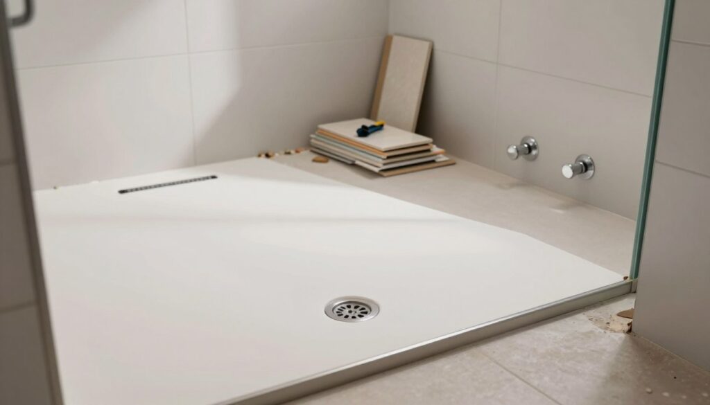 A modern bathroom setting featuring a newly constructed shower area with a well-designed slope for water drainage. In the foreground, display a shower floor under construction, showing a smooth, sloping surface leading to a drain, emphasizing proper installation techniques. In the middle ground, include construction materials like tiles, waterproof membranes, and tools arranged neatly on the floor. In the background, show partially tiled walls and plumbing fixtures, with soft, directional lighting casting gentle shadows. The atmosphere should be bright and clean, evoking a sense of professionalism and attention to detail. Capture the space from a slightly elevated angle, showcasing the slope clearly, without any people or distracting elements in the scene.