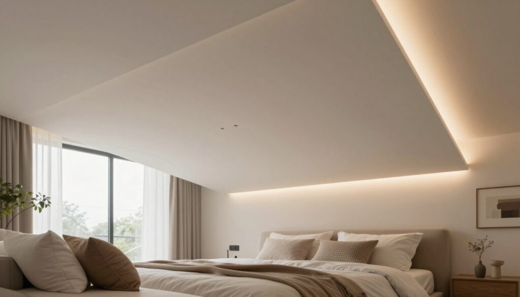 A modern bedroom featuring a suspended ceiling (sufit podwieszany) that elegantly integrates both form and function. The foreground showcases a cozy bed with soft, inviting linens and decorative cushions. The middle ground highlights the innovative suspended ceiling, illuminated with ambient LED lighting that casts a warm glow. The ceiling design should feature sleek lines with a minimalist aesthetic. In the background, large windows let in natural light, enhancing the tranquil atmosphere. The color palette should consist of soft neutral tones, creating a calming environment. The lighting should be soft and diffused, promoting a serene mood. Include decorative elements such as indoor plants and artwork that harmonize with the overall design, inviting relaxation and inspiration. No human figures are present, focusing solely on the architectural beauty.