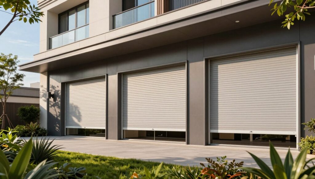 A modern exterior of a new building showcasing creatively masked exterior roller shutters. In the foreground, vibrant greenery and decorative plants frame the scene. In the middle, sleek, stylish roller shutters blend seamlessly with the facade, enhanced by elegant, muted colors that harmonize with the overall design. The background features a sunny day, with clear blue skies and soft, natural lighting casting subtle shadows, creating a warm and inviting atmosphere. The composition captures a contemporary architectural style, emphasizing aesthetic harmony and innovation in modern building design. The angle is slightly elevated, providing a comprehensive view of how the roller shutters integrate into the overall facade, highlighting their elegance and functionality. A modern exterior of a new building showcasing creatively masked exterior roller shutters. In the foreground, vibrant greenery and decorative plants frame the scene. In the middle, sleek, stylish roller shutters blend seamlessly with the facade, enhanced by elegant, muted colors that harmonize with the overall design. The background features a sunny day, with clear blue skies and soft, natural lighting casting subtle shadows, creating a warm and inviting atmosphere. The composition captures a contemporary architectural style, emphasizing aesthetic harmony and innovation in modern building design. The angle is slightly elevated, providing a comprehensive view of how the roller shutters integrate into the overall facade, highlighting their elegance and functionality.