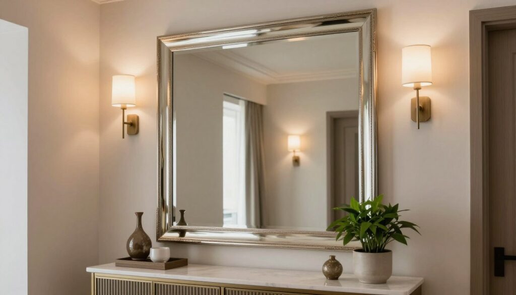 A modern hallway featuring a large, elegantly framed mirror that enhances the space and creates an illusion of depth. The foreground displays a stylish console table with decorative items, and a potted plant adds a touch of greenery. In the middle, the mirror reflects light and the intricate details of the hallway, promoting a sense of openness. The background shows soft, warm lighting emanating from wall sconces, illuminating the space gently. The color palette consists of soft neutrals and tasteful accents to evoke a calming atmosphere. Capture this scene using a wide-angle lens for a comprehensive view, emphasizing the practical aspects of mirror placement in enhancing a corridor’s aesthetics and luminosity.