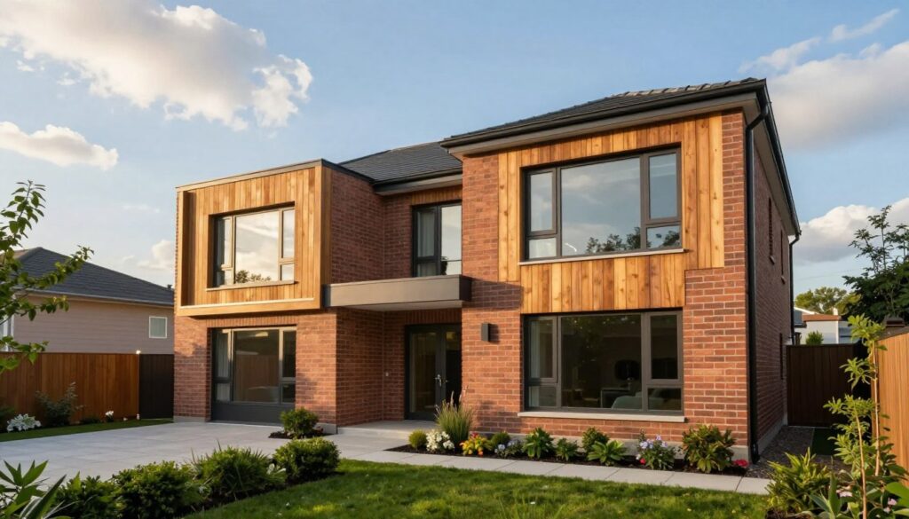 A modern home façade combining brick and wood elements, showcasing a well-planned elevation layout. The foreground features a lush green garden with hedges and small flower beds, creating a welcoming entrance. In the middle ground, the stylish two-story house displays a harmonious blend of warm brick and natural wooden panels, emphasizing contemporary architecture. The windows are large and inviting, allowing for ample natural light. The background includes a clear blue sky with soft, fluffy clouds, contributing to a serene atmosphere. Golden hour lighting casts gentle shadows, highlighting the textures of the materials. Capture this scene from a slightly elevated angle, focusing on the proportions and distinct zones of the home, creating an engaging visual that evokes modern elegance and sophistication.