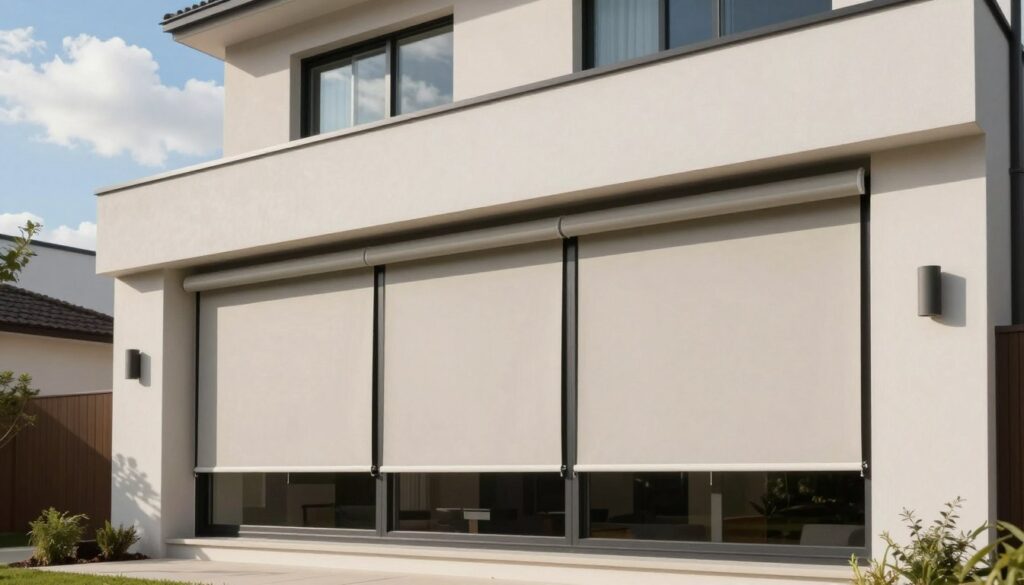 A modern home facade featuring mounted external roller blinds stylishly integrated into the building design. In the foreground, elegant window frames with sleek roller blinds pulled down, showcasing a neutral color palette that harmonizes with the exterior. The middle ground displays the well-maintained facade of a contemporary house, with smooth surfaces, minimalistic architectural features, and subtle landscaping that adds to the aesthetic appeal. The background includes a bright blue sky with soft, white clouds to convey an inviting ambiance. Lighting is soft and natural, with sunlight gently illuminating the building, creating shadows that enhance the textures. The overall mood is sophisticated and stylish, reflecting a seamless blend of functionality and beauty in exterior design. A modern home facade featuring mounted external roller blinds stylishly integrated into the building design. In the foreground, elegant window frames with sleek roller blinds pulled down, showcasing a neutral color palette that harmonizes with the exterior. The middle ground displays the well-maintained facade of a contemporary house, with smooth surfaces, minimalistic architectural features, and subtle landscaping that adds to the aesthetic appeal. The background includes a bright blue sky with soft, white clouds to convey an inviting ambiance. Lighting is soft and natural, with sunlight gently illuminating the building, creating shadows that enhance the textures. The overall mood is sophisticated and stylish, reflecting a seamless blend of functionality and beauty in exterior design.