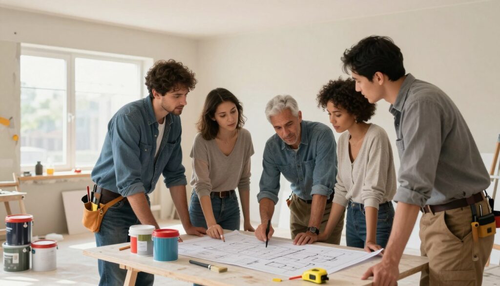 A modern home interior scene showing a professional team of workers assessing the renovation project. In the foreground, a diverse group of four individuals—two men and two women—wearing professional work attire discuss plans over a blueprint spread out on a table. The middle ground features tools and materials like paint cans, brushes, and a tape measure, giving a sense of an active worksite. In the background, a partially renovated room with exposed walls and new fixtures is illuminated by soft, natural light streaming through a large window, creating a warm and inviting atmosphere. The overall mood is collaborative and focused, emphasizing teamwork and expertise in home renovation, highlighting evaluation through conversation and planning.
