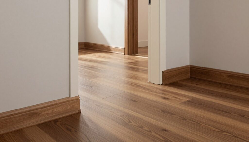 A modern interior design scene showcasing stylish floor trims that harmonize with the colors of the flooring, walls, and doors. In the foreground, feature elegant baseboards with a smooth finish, highlighting various wood tones and painted options. The middle ground should depict a richly textured hardwood floor with a subtle sheen, complemented by walls in soft neutral colors. Include door frames that match the baseboards, creating a cohesive look. The background should be filled with natural light filtering through a window, casting gentle shadows that enhance the textures. The mood is sophisticated and serene, emphasizing a well-coordinated design aesthetic. Use a wide-angle lens to capture a sense of space and balance in the layout. A modern interior design scene showcasing stylish floor trims that harmonize with the colors of the flooring, walls, and doors. In the foreground, feature elegant baseboards with a smooth finish, highlighting various wood tones and painted options. The middle ground should depict a richly textured hardwood floor with a subtle sheen, complemented by walls in soft neutral colors. Include door frames that match the baseboards, creating a cohesive look. The background should be filled with natural light filtering through a window, casting gentle shadows that enhance the textures. The mood is sophisticated and serene, emphasizing a well-coordinated design aesthetic. Use a wide-angle lens to capture a sense of space and balance in the layout.